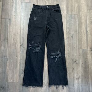 ZARA Black Denim High Rise Wide Leg Distressed Jeans Size 6